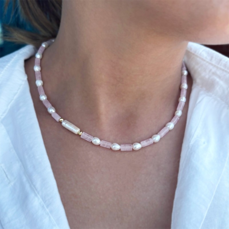 Κολιέ με Κ14 χρυσό κούμπωμα, rose quartz, λευκά μαργαριτάρια και αιματίτες - F126443